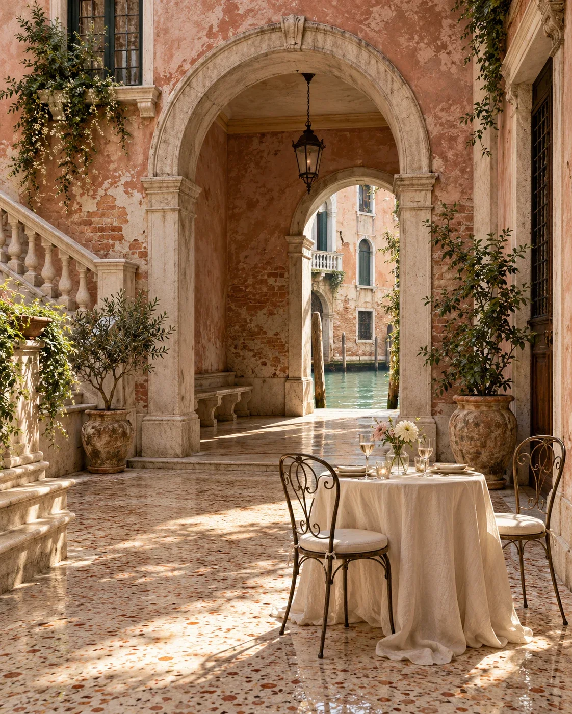 Imagined Venetian courtyard with pale terrazzo, arched doors and terracotta accents